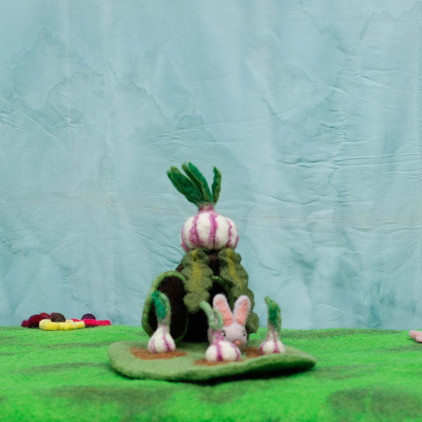 Felt Garlic Cottage with Resident Rabbit